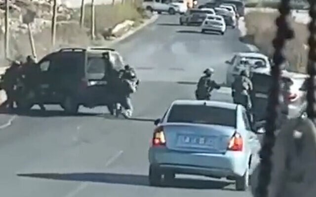 Israeli troops open fire at a vehicle carrying Palestinian gunmen who were allegedly en route to carry out an attack, near Jenin in the West Bank, August 6, 2023. (Screenshot: Telegram) Israeli troops open fire at a vehicle carrying Palestinian gunmen who were allegedly en route to carry out an attack, near Jenin in the West Bank, August 6, 2023. (Screenshot: Telegram)