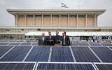 The Knesset cut a ribbon for new solar panels on March 29, 2015. But the Jerusalem Municipality gets poor marks for solar provision on existing facilities according to an index of local authorities launched on August 8, 2023. (Miriam Alster/FLASH90)