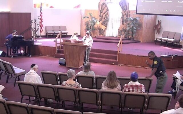 A screenshot from livestreamed Shabbat services hosted by Temple Beth Tikvah, a Reform congregation in Fullerton, on August 12, 2023. (Facebook screen grab, used in accordance with Clause 27a of the Copyright Law A screenshot from livestreamed Shabbat services hosted by Temple Beth Tikvah, a Reform congregation in Fullerton, on August 12, 2023. (Facebook screen grab, used in accordance with Clause 27a of the Copyright Law