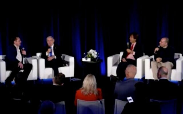 From left to right: Elon Musk, Prime Minister Benjamin Netanyahu, Greg Brockman, and Max Tegmark during a live discussion on the social media platform X, at the Tesla factory in Fremont, California, September 18, 2023. (X video screenshot: used in accordance with Clause 27a of the Copyright Law) From left to right: Elon Musk, Prime Minister Benjamin Netanyahu, Greg Brockman, and Max Tegmark during a live discussion on the social media platform X, at the Tesla factory in Fremont, California, September 18, 2023. (X video screenshot: used in accordance with Clause 27a of the Copyright Law)
