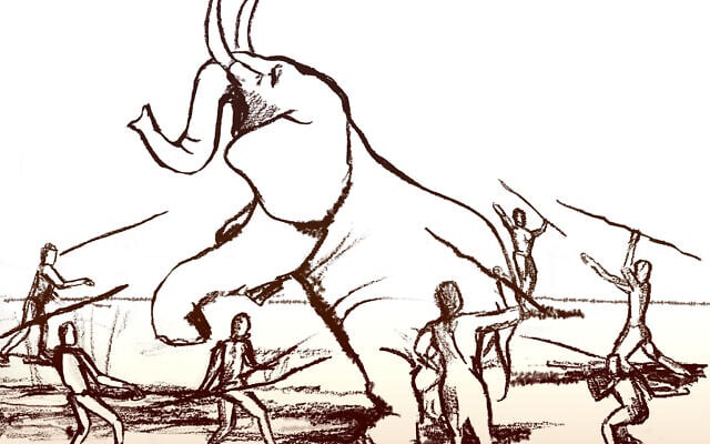 An illustration of early humans hunting an elephant using spears. (Courtesy Tel Aviv University)