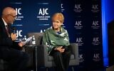US Special Envoy to Combat Antisemitism Deborah Lipstadt, center, speaks with the head of the American Jewish Committee Ted Deutch at a conference in New York City, September 19, 2023. (Luke Tress/Times of Israel)