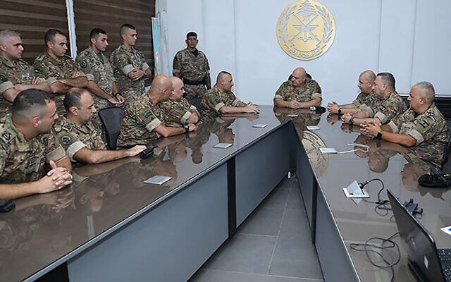 This handout picture released on the X account (formerly Twitter) of the Lebanese Army on September 14, 2023 shows Lebanese Army Chief Joseph Aoun meeting with soldiers at the Mohammad Zgheib Barracks in the southern coastal city of Sidon amid ongoing clashes in the Ain al-Helwe refugee camp. (Handout/Twitter account of Lebanese Army/AFP) This handout picture released on the X account (formerly Twitter) of the Lebanese Army on September 14, 2023 shows Lebanese Army Chief Joseph Aoun meeting with soldiers at the Mohammad Zgheib Barracks in the southern coastal city of Sidon amid ongoing clashes in the Ain al-Helwe refugee camp. (Handout/Twitter account of Lebanese Army/AFP)