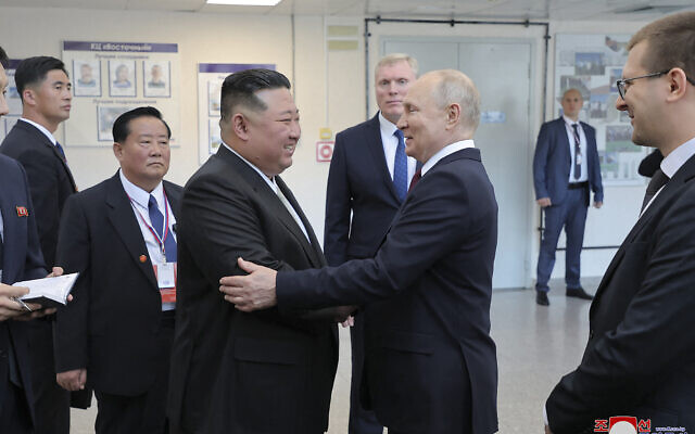 This picture taken on September 13, 2023, and released by North Korea's official Korean Central News Agency (KCNA) on September 14 shows Russia's President Vladimir Putin (center-R) greeting North Korea's leader Kim Jong Un (centrer-L) visiting the Vostochny Cosmodrome in Russia's Amur region. (KCNA via KNS/AFP) This picture taken on September 13, 2023, and released by North Korea's official Korean Central News Agency (KCNA) on September 14 shows Russia's President Vladimir Putin (center-R) greeting North Korea's leader Kim Jong Un (centrer-L) visiting the Vostochny Cosmodrome in Russia's Amur region. (KCNA via KNS/AFP)