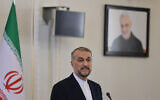 Iran's Foreign Minister Hossein Amir-Abdollahian holds a joint press conference with his Iraqi counterpart in Tehran on September 13, 2023. (Atta Kenare/AFP)