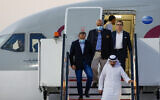 US citizens Siamak Namazi (R), Emad Sharqi (L) and Morad Tahbaz (C) disembark from a Qatari jet upon their arrival at Doha International Airport in Qatar on September 18, 2023, following a prisoner swap between the United States and Iran. (Karim Jaafar/AFP)