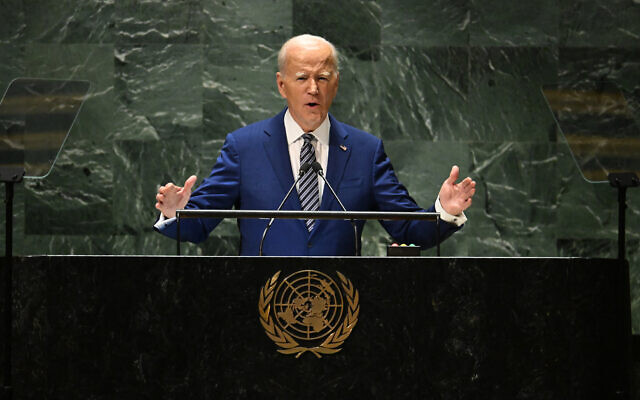 US President Joe Biden addresses the 78th UN General Assembly at UN headquarters in New York City on September 19, 2023. (Timothy A. Clary/AFP) US President Joe Biden addresses the 78th UN General Assembly at UN headquarters in New York City on September 19, 2023. (Timothy A. Clary/AFP)