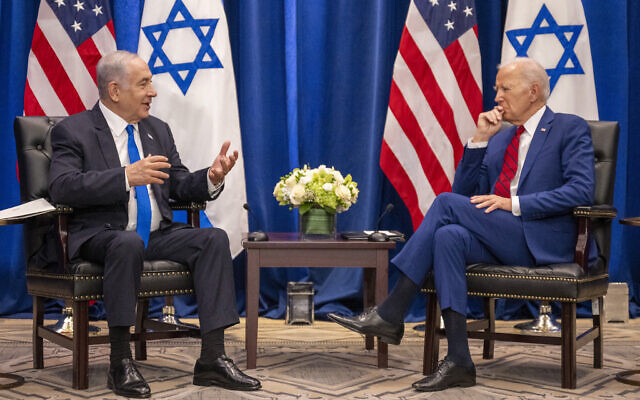 US President Joe Biden meets with Israeli Prime Minister Benjamin Netanyahu on the sidelines of the 78th United Nations General Assembly in New York City on September 20, 2023. (Photo by Jim WATSON / AFP)