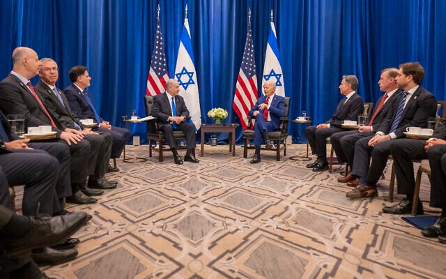 US President Joe Biden (C R) meets with Israeli Prime Minister Benjamin Netanyahu (C L) on the sidelines of the 78th United Nations General Assembly in New York City on September 20, 2023. (Photo by Jim WATSON / AFP) US President Joe Biden (C R) meets with Israeli Prime Minister Benjamin Netanyahu (C L) on the sidelines of the 78th United Nations General Assembly in New York City on September 20, 2023. (Photo by Jim WATSON / AFP)