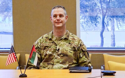 Lieutenant General Alexus G. Grynkewich, commander of Ninth Air Force (Air Forces Central), Shaw Air Force Base, South Carolina, and the Combined Forces Air Component Commander for US Central Command, Southwest Asia looks on during a press briefing in Abu Dhabi, United Arab Emirates, on September 20, 2023. (Mohamad Ali Harissi/AFP)