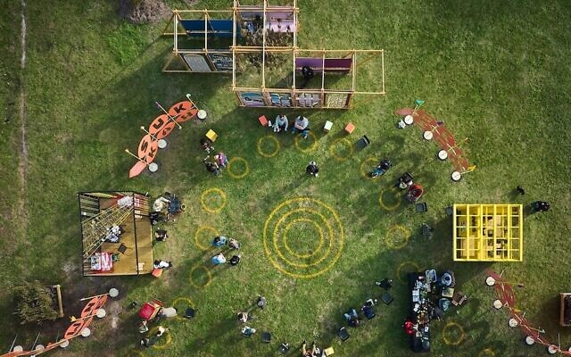 An aerial view of some of the sukkahs at the Chicago Sukkah Design Festival. (Joseph Altshuler/Chicago Sukkah Design Festival via JTA)