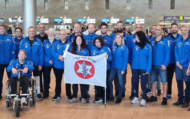 The Israeli team at Ben Gurion Airport on September 7, 2023 as they prepare to depart for the Invictus Games in Dusseldorf, Germany. (Courtesy of the IDF Disabled Veterans Organization)