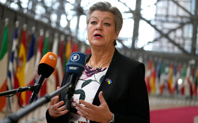 European Commissioner for Home Affairs Ylva Johansson speaks with the media as she arrives for a meeting of EU interior ministers at the European Council Brussels on March 9, 2023. (AP Photo/Virginia Mayo) European Commissioner for Home Affairs Ylva Johansson speaks with the media as she arrives for a meeting of EU interior ministers at the European Council Brussels on March 9, 2023. (AP Photo/Virginia Mayo)
