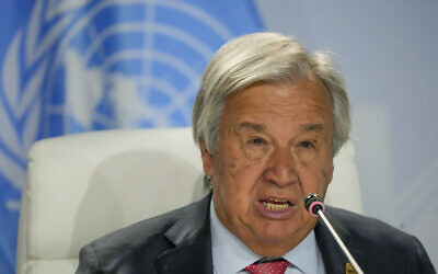 United Nations Secretary-General António Guterres addresses a news conference during the BRICS summit in Johannesburg, South Africa, August 24, 2023. (AP Photo/Themba Hadebe)