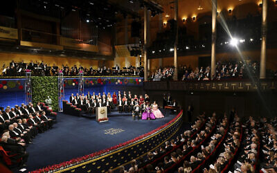The Nobel laureates and the royal family of Sweden during the Nobel Prize award ceremony at the Concert Hall in Stockholm, Saturday Dec. 10 2022. (Pontus Lundahl/TT via AP, File)