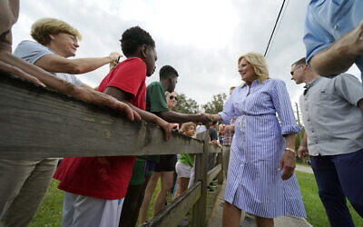 First lady Jill Biden greets people as she and President Joe Biden survey damage caused by Hurricane Idalia, Saturday, Sept. 2, 2023, in Live Oak, Fla. (AP/Julio Cortez)