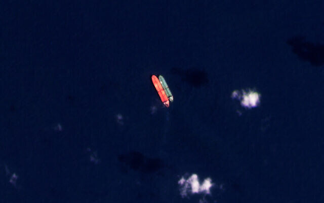 In this satellite photo provided by Planet Labs PBC, vessels identified as the Virgo, left, and the Suez Rajan, by the advocacy group United Against Nuclear Iran, are seen in the South China Sea on Feb. 13, 2022. (Planet Labs PBC via AP, File) In this satellite photo provided by Planet Labs PBC, vessels identified as the Virgo, left, and the Suez Rajan, by the advocacy group United Against Nuclear Iran, are seen in the South China Sea on Feb. 13, 2022. (Planet Labs PBC via AP, File)