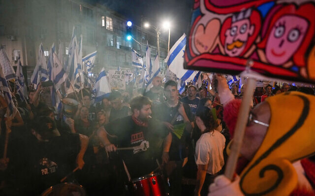 Demonstrators protest against the coalition's judicial overhaul legislation in Tel Aviv, Israel, September 9, 2023. (AP Photo/Ariel Schalit)