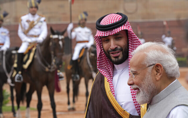Crown Prince Mohammed bin Salman of Saudi Arabia, left, speaks to Indian Prime Minister Narendra Modi upon his arrival for a ceremonial reception at the Indian presidential palace, in New Delhi, India, Sept. 11, 2023. (AP Photo/Manish Swarup) Crown Prince Mohammed bin Salman of Saudi Arabia, left, speaks to Indian Prime Minister Narendra Modi upon his arrival for a ceremonial reception at the Indian presidential palace, in New Delhi, India, Sept. 11, 2023. (AP Photo/Manish Swarup)