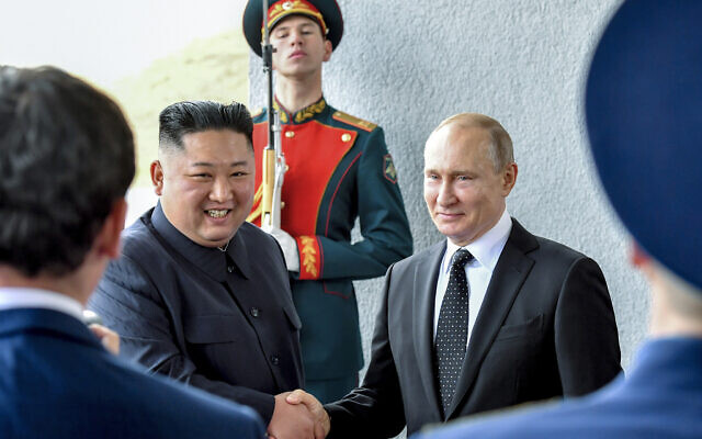 Russian President Vladimir Putin, center right, and North Korea's leader Kim Jong Un shake hands during their meeting in Vladivostok, Russia, Thursday, April 25, 2019. (Yuri Kadobnov/Pool Photo via AP, File) Russian President Vladimir Putin, center right, and North Korea's leader Kim Jong Un shake hands during their meeting in Vladivostok, Russia, Thursday, April 25, 2019. (Yuri Kadobnov/Pool Photo via AP, File)
