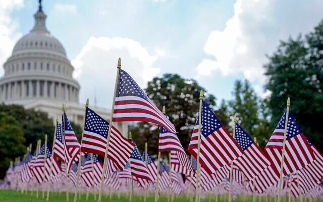 American flags are placed outside the US Capitol on Monday, Sept. 11, 2023, in Washington, on the 22nd anniversary of the Sept. 11, 2001, terror attack. (AP/Mariam Zuhaib)