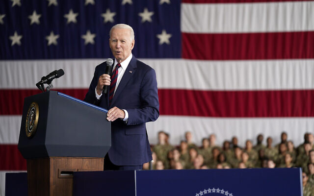 President Joe Biden speaks at Joint Base Elmendorf-Richardson to mark the anniversary of the September 11 terrorist attacks, Monday, Sept. 11, 2023, in Anchorage, Alaska. (AP/Evan Vucci)