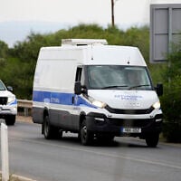 File - The police van carrying the five Israelis who are accused of raping a British woman, arrives at the Famagusta District Courthouse in Paralimni, Cyprus, on September 12, 2023. (AP Photo/Petros Karadjias)