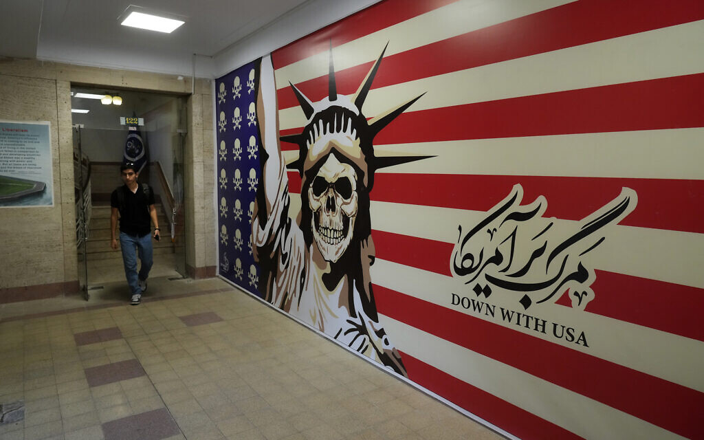 A man walks through the former US Embassy, which has been turned into an anti-American museum in Tehran, Iran, on August 19, 2023. (Vahid Salemi/AP) A man walks through the former US Embassy, which has been turned into an anti-American museum in Tehran, Iran, on August 19, 2023. (Vahid Salemi/AP)