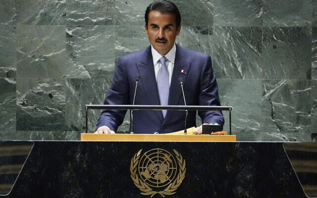 Qatar's Amir Sheikh Tamim bin Hamad Al Thani addresses the 78th session of the United Nations General Assembly, Tuesday, Sept. 19, 2023. (AP Photo/Richard Drew) Qatar's Amir Sheikh Tamim bin Hamad Al Thani addresses the 78th session of the United Nations General Assembly, Tuesday, Sept. 19, 2023. (AP Photo/Richard Drew)