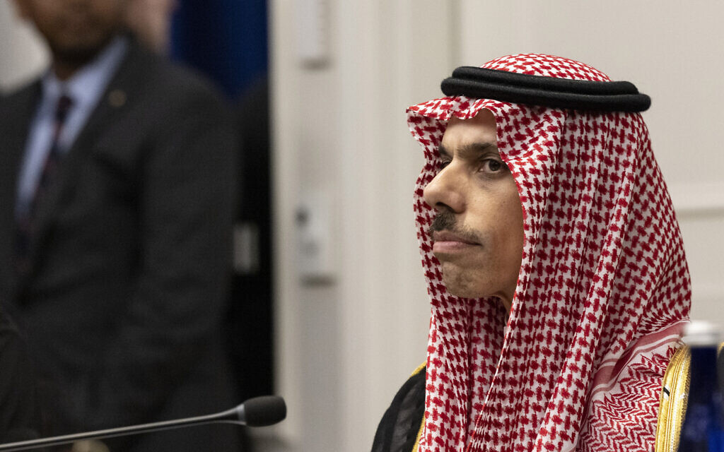 Saudi Arabia Foreign Minister Prince Faisal bin Farhan Al Saud attends a meeting with US Secretary of State Antony Blinken and United Arab Emirates Foreign Minister Abdullah bin Zayed Al Nahyan on the sidelines of the 78th United Nations General Assembly, September 19, 2023. (Caitlin Ochs/Pool via AP) Saudi Arabia Foreign Minister Prince Faisal bin Farhan Al Saud attends a meeting with US Secretary of State Antony Blinken and United Arab Emirates Foreign Minister Abdullah bin Zayed Al Nahyan on the sidelines of the 78th United Nations General Assembly, September 19, 2023. (Caitlin Ochs/Pool via AP)