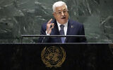 Palestinian Authority President Mahmoud Abbas addresses the 78th session of the United Nations General Assembly, September 21, 2023. (AP Photo/Richard Drew)