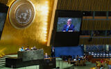Israeli Prime Minister Benjamin Netanyahu addresses the 78th session of the United Nations General Assembly, September 22, 2023 at United Nations headquarters. (AP Photo/Mary Altaffer)