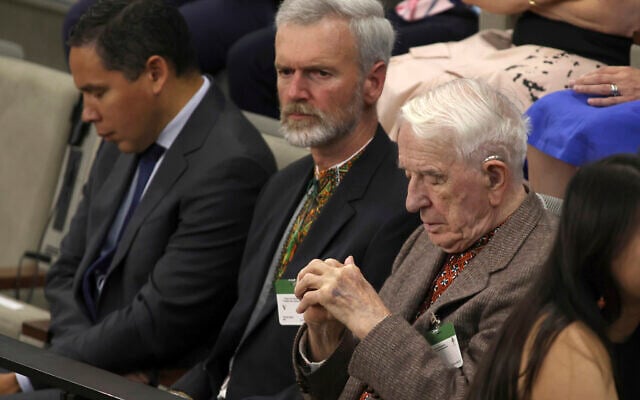 Yaroslav Hunka, right, waits for the arrival of Ukrainian President Volodymyr Zelensky in the House of Commons in Ottawa, Onatario, September 22, 2023. (Patrick Doyle/The Canadian Press via AP)