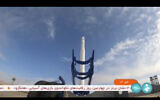 This frame grab from video aired by Iranian state television on Sept. 27, 2023, shows what Iran's Communication Minister Isa Zarepour said is a Noor-3 satellite being launched from an undisclosed location in Iran. (IRIB via AP)