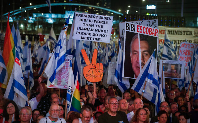 Activists protest against the government's judicial overhaul legislation, in Tel Aviv, on September 9, 2023. (Avshalom Sassoni/Flash90)