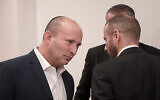Former prime minister Naftali Bennett at the Tel Aviv Magistrate's Court for a hearing in a defamation lawsuit he brought, September 11, 2023 (Avshalom Sassoni/FLASH90)