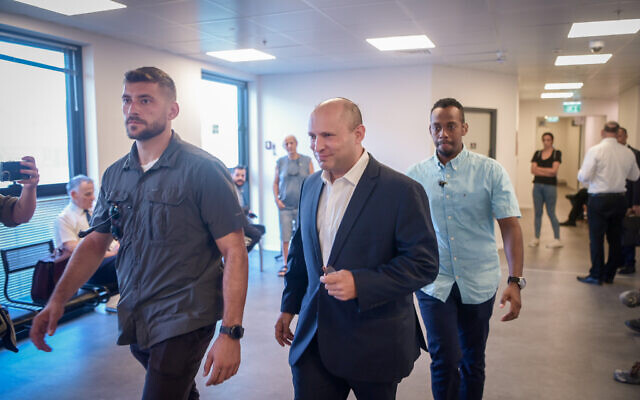 Former prime minister Naftali Bennett arrives at the Tel Aviv Magistrate's Court for a hearing in a defamation lawsuit he brought, September 11, 2023. (Avshalom Sassoni/Flash90) Former prime minister Naftali Bennett arrives at the Tel Aviv Magistrate's Court for a hearing in a defamation lawsuit he brought, September 11, 2023. (Avshalom Sassoni/Flash90)