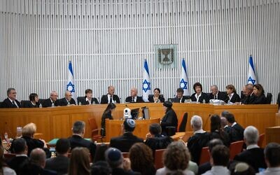 Illustrative: All 15 High Court justices preside over a court hearing on petitions against the government's 'reasonableness law' at the Supreme Court in Jerusalem, September 12, 2023. (Yonatan Sindel/Flash90)