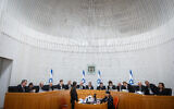 15 Supreme Court justices at the first judicial overhaul hearing in Jerusalem, September 12, 2023 (Photo by Yonatan Sindel/FLASH90)