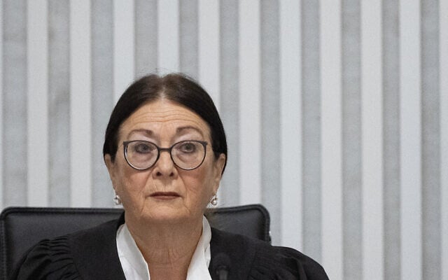 President of the Supreme Court Esther Hayut and Supreme Court Justices at a court hearing on petitions against the government's "Reasonableness Bill", at the Supreme Court in Jerusalem, September 12, 2023. (Yonatan Sindel/Flash90)