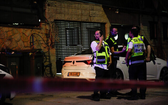 Illustrative: Police at the scene where five family members were shot to death in the Northern Israeli Bedouin town of Basmat Tab’un, September 27, 2023. (Shir Torem/Flash90)