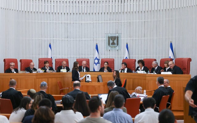 High Court of Justice judges at a court hearing on petitions against the government's prime minister recusal law, at the Supreme Court in Jerusalem, September 28, 2023. (Chaim Goldberg/Flash90)