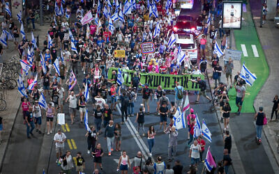 Anti-overhaul activists protest against the government in Tel Aviv on September 30, 2023. (Avshalom Sassoni/Flash90)