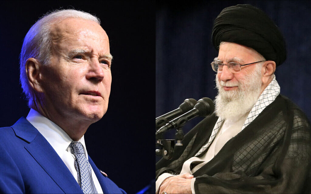 Left: US President Joe Biden holds a press conference in Hanoi, Vietnam, on September 10, 2023 (SAUL LOEB / AFP); Right: Iran's Supreme Leader Ayatollah Ali Khamenei speaking before students and clerics during a rally in Tehran on July 12, 2023. (KHAMENEI.IR / AFP) Left: US President Joe Biden holds a press conference in Hanoi, Vietnam, on September 10, 2023 (SAUL LOEB / AFP); Right: Iran's Supreme Leader Ayatollah Ali Khamenei speaking before students and clerics during a rally in Tehran on July 12, 2023. (KHAMENEI.IR / AFP)