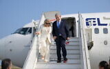 Sara Netanyahu and Prime Minister Benjamin Netanyahu arrive in Nicosia, Cyprus, on September 3, 2023. (Amos Ben Gershom/ GPO)
