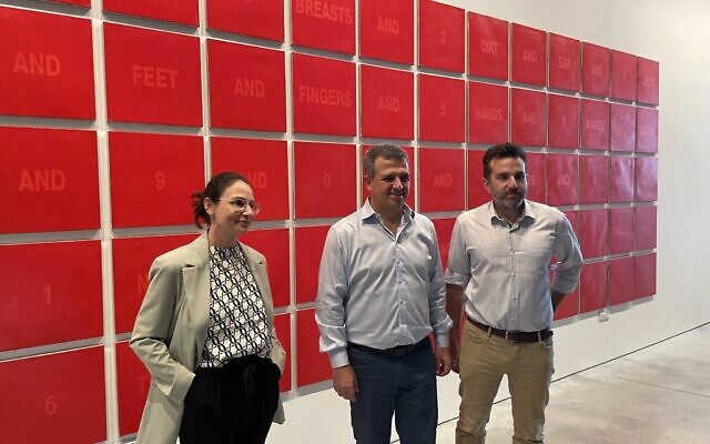 Curator Roni Cohen-Binyamini (left), Ramat Gan Mayor Carmel Shama-Hacohen (middle) and Ramat Gan deputy mayor Roy Barzilai at the opening of 'In the Land of My Love' on September 3 at the Ramat Gan Museum of Israeli Art (Jessica Steinberg/Times of Israel)
