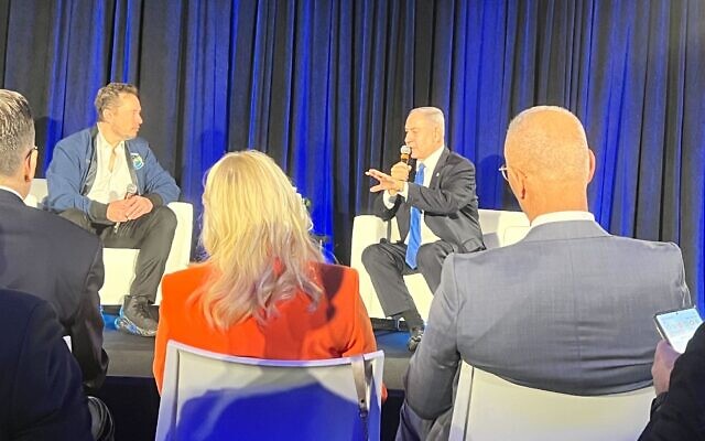 Elon Musk and Prime Minister Benjamin Netanyahu speak during a live discussion on the social media platform X, at the Tesla factory in Fremont, California, September 18, 2023. (Lazar Berman/Times of Israel) Elon Musk and Prime Minister Benjamin Netanyahu speak during a live discussion on the social media platform X, at the Tesla factory in Fremont, California, September 18, 2023. (Lazar Berman/Times of Israel)