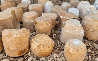 This handout photo from September 19 2023, shows stoneware found at an ancient stonemasonry workshop discovered during work to a highway in the West Bank near Jerusalem. Civil Administration)