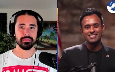 Albert Faleski interviews Republican presidential candidate Vivek Ramaswamy on his podcast on September 5, 2023. (Screen capture/YouTube)