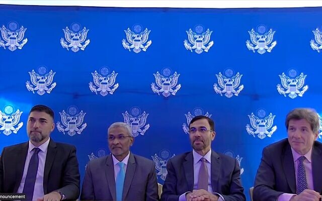 Foreign Ministry director Ronen Levi, Indian External Affairs Ministry secretary Dammu Ravi, UAE Minister of State Ahmed Ali Al Sayegh and US undersecretary for economic growth, energy and the environment Jose Fernandez announce the launching of the I2U2 website on the sidelines of the United Nations General Assembly in New York on September 21, 2023. (Screen capture/Zoom) Foreign Ministry director Ronen Levi, Indian External Affairs Ministry secretary Dammu Ravi, UAE Minister of State Ahmed Ali Al Sayegh and US undersecretary for economic growth, energy and the environment Jose Fernandez announce the launching of the I2U2 website on the sidelines of the United Nations General Assembly in New York on September 21, 2023. (Screen capture/Zoom)